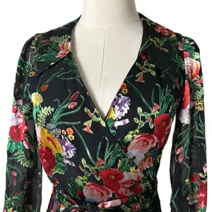 Alice + Olivia Abney Midi Wrap Dress Viscose Silk Black Floral Burnout Size 0 thumbnail 3