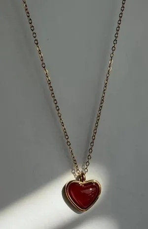 Gold necklace with red heart charm non tarnish thumbnail 1