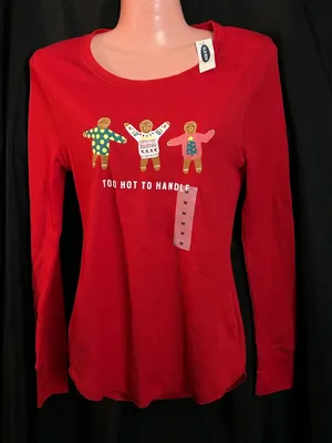 Old Navy Women Red Waffle Knit Gingerbread Too Hot To Handle Thermal Top MD NWT thumbnail 1