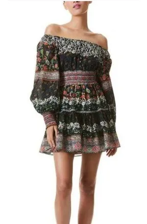 Alice + Olivia Black Clementina Floral Long Sleeve Cotton Mini Dress Size 0 thumbnail 1