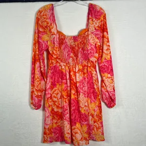 Steve Madden Floral Mini Dress Orange‎ Pink Sweetheart Smocked Back Size 4 thumbnail 2
