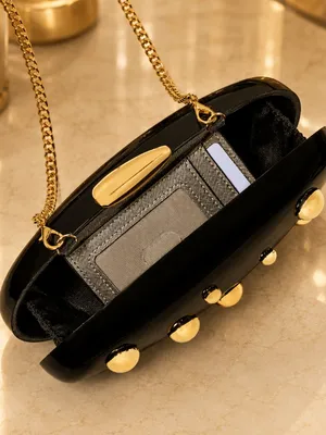 A new day Black Glossy Hard Shell Clutch Gold Studs Evening Bag OS thumbnail 3