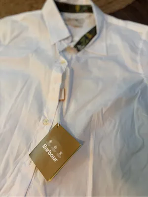 NWT Barbour White Long-Sleeve Dress Shirt with Patterned Collar Trim 14 thumbnail 2