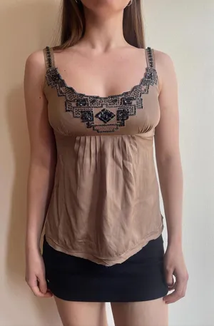 Elie Tahari Geometric Beaded Embroidered Babydoll Cami Top thumbnail 1