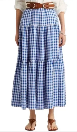 GAP Tiered Maxi Skirt Blue White Gingham Cotton Cottagecore Women’s 8 thumbnail 1
