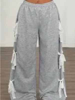 Gray Lounge Pants with Lace Bow Side Detail thumbnail 1