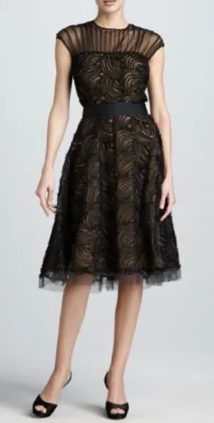 Tadashi Shoji Black Gold Rosette Tulle Cocktail‎ Dress sz 4 thumbnail 1