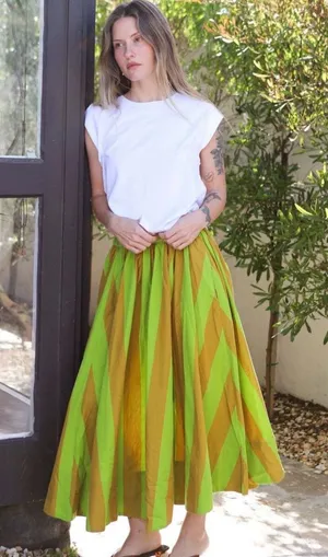 NEW Free People Lime Green & Mustard Striped Maxi Skirt Small thumbnail 1