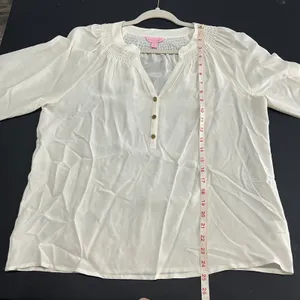 Lilly Pulitzer Blouse Women Large White Great Silk Smocked V-Neck Button Top thumbnail 7