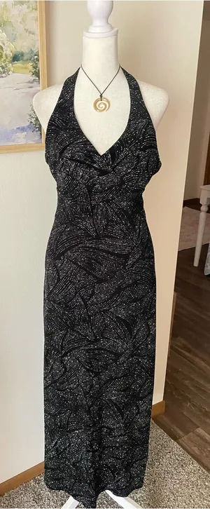 Fashion Bug Vintage 90s Y2K Whimsigoth Metallic Silver Glitter Halter Maxi Dress thumbnail 1