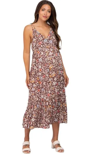 Pinkblush Boho Brown Floral Empire Waist Ruffle Hem Maternity Midi Dress Small thumbnail 2