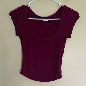 Garage Scoop Neck Ribbed Short Sleeve Tee in Burgundy thumbnail 1