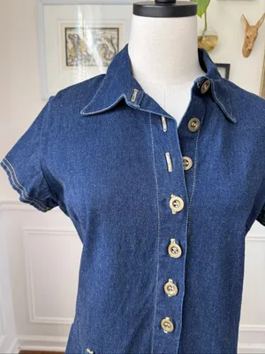 Vintage 90s G Dresses Stretchy Denim Half Button Drop Waist Dress L XL 14 thumbnail 3