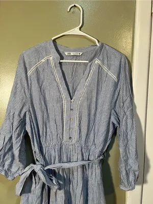 Zara Women's Size Large Mini Shirt Dress Blue White Stripes Crochet Belted Linen thumbnail 5