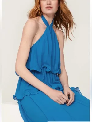 One33 Social Gown Asymmetrical Halter Tiered Maxi Dress Blue Size 0 thumbnail 3