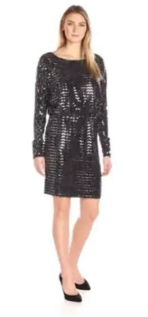 Jessica Howard Cocktail Dress, Black Silver Sparkle 12 Knee Length Long Sleeve thumbnail 1
