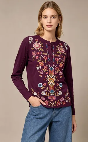 NWOT Johnny Was Anaya Floral-Embroidered Henley Top Tee Long Sleeve T-Shirt M thumbnail 1