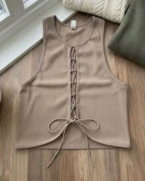 ANWND Tan Brown Lace Up Stretchy Tank Top thumbnail 1