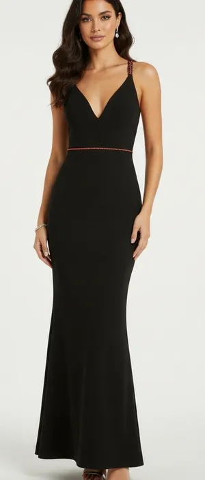Lulu's Black V-Neck Evening Gown with Subtle Red Trim thumbnail 1