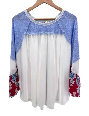 Kori America Colorblock Boho Top Blue‎ White Floral Patchwork Sleeves L thumbnail 1