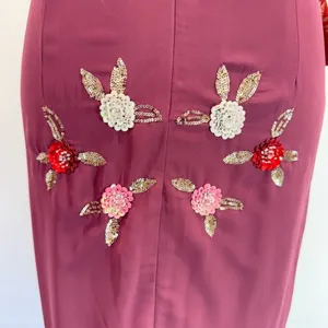 Burgundy Sleeveless Midi Dress Sequined Flowers Open Back Party Elegant Wedding thumbnail 7