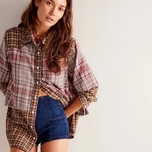 NEW Free People Layer it Up Plaid Flannel Snap Down Top Medium thumbnail 2