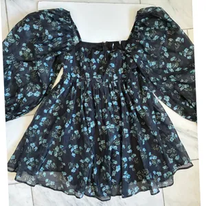 Lulus Black Blue Floral Puff Sleeve Square Neck Babydoll Mini Dress Medium‎ thumbnail 13