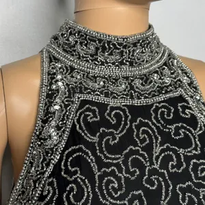 Vintage 1980s Papell Boutique Black Silver Beaded Silk Evening Top Small thumbnail 5