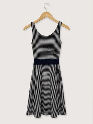 Abercrombie & Fitch Striped Fit & Flare Dress Lace Waist Navy Grey thumbnail 3