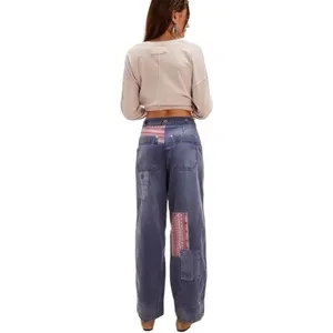 RARE Free‎ People La Vie Patched Patchwork Studded Blue Pants / Jeans Boho 4 S thumbnail 4