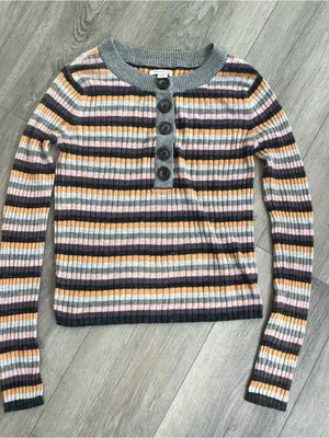 American Eagle Ribbed Striped Henley Sweater Small Gray Pink Orange Long Sleeve thumbnail 1