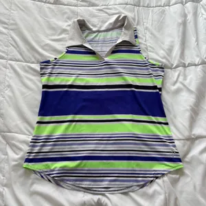 Jofit Womens Large Sleeveless Tennis Golf Polo Shirt Striped Green White Active thumbnail 1