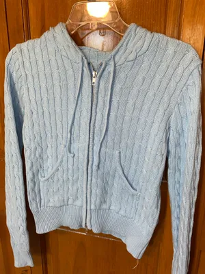 Blue Cable Knit Zip-Up Slim Fit Crop Knit Hoodie thumbnail 3