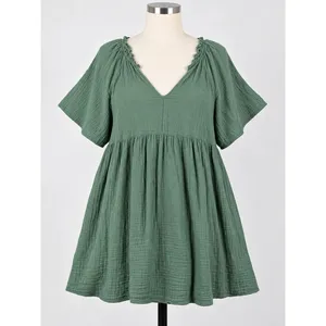 Old Navy Sage Green Gauze Babydoll Mini Dress XL V-Neck Short Sleeve Pockets thumbnail 2