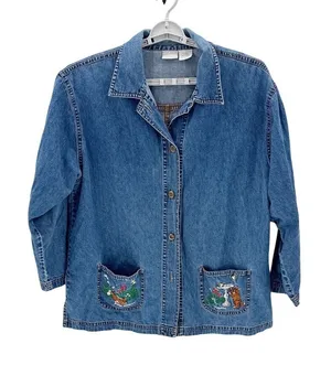 vintage Blair denim jacket embroidered cat garden designs on pockets size L thumbnail 1