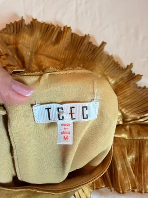 TCEC Metallic Gold Pleated Ruffle Mini Dress M Party Holiday thumbnail 2