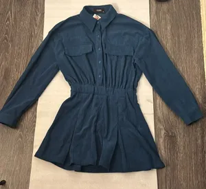 CIDER Solid Collar Mini Dress XS Dark Teal NEW Fall Academia Classic Preppy Boho thumbnail 1
