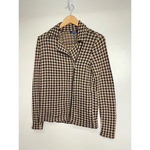 Chaps Houndstooth Knit Moto Jacket Tan Black Asymmetrical Zip Sweater Size Small thumbnail 3