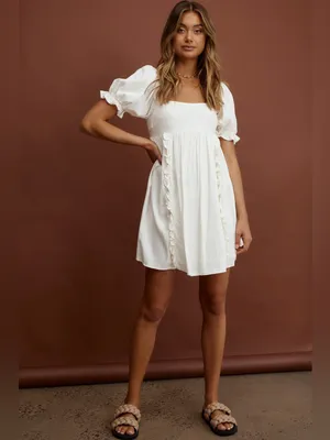 $99 NWT Selfie Leslie X Indikah Macedonia Puff Sleeve Babydoll Dress Cream, S thumbnail 7