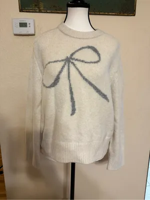 Abercrombie & Fitch crewneck knit sweater with bow in light grey small pullover thumbnail 2