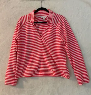 Lilly Pulitzer Pink White Striped V-Neck Pullover Sweater Kangaroo Pocket Medium thumbnail 1