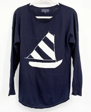 Duffield Lane Womens Navy Blue Sailboat Nautical Preppy Pullover Sweater Size S thumbnail 1