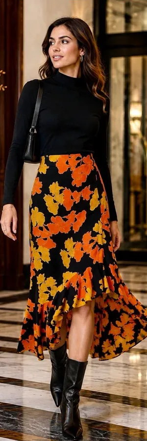 NWT Topshop Floral Asymmetrical Faux Wrap Midi Skirt Black Orange Size 10 💛🍄 thumbnail 1