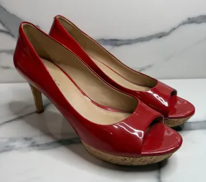 Via Spiga Women's Red Patent Leather Cork Platform Peeptoe Heels Sz 9.5 FLAW thumbnail 1