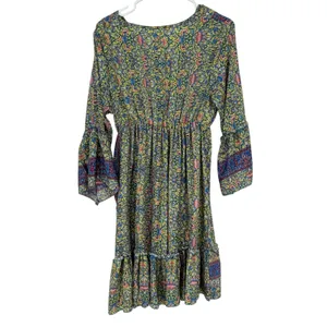 Boho Floral Silky V Neck Bell Sleeve Tiered Mini Dress Hippie Tassel‎ Festival thumbnail 2