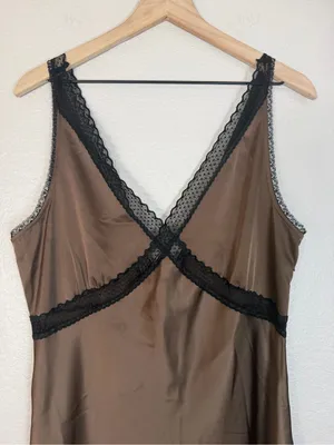 House Of Harlow 1960 Brown Satin Maxi Dress With Black Lace Trim size Large $198 thumbnail 5