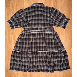 Dress Up Womens Plaid Tiered Button Front Dress Puff Sleeve Grey Burgundy Small thumbnail 3