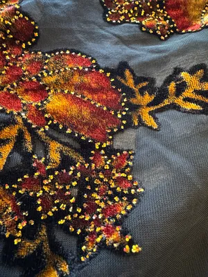 Velvet burnout floral shawl black and orange, sparkle details outline, 66"x21.5" thumbnail 9