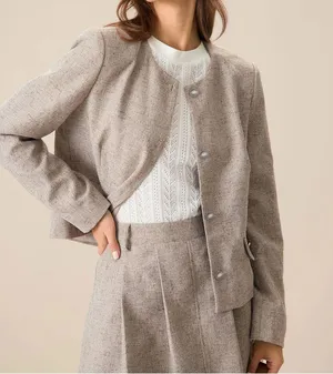 Rihoas Round Neck Khaki Single-Breasted Jacket & Pocket Pleated Mini Skirt thumbnail 5