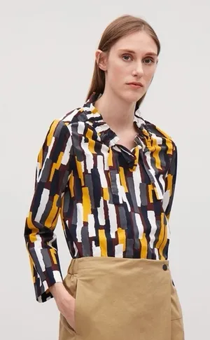COS Multicolor Geometric Print Long Sleeve Ruffle Tie Neck Relaxed Blouse EU 36 thumbnail 1